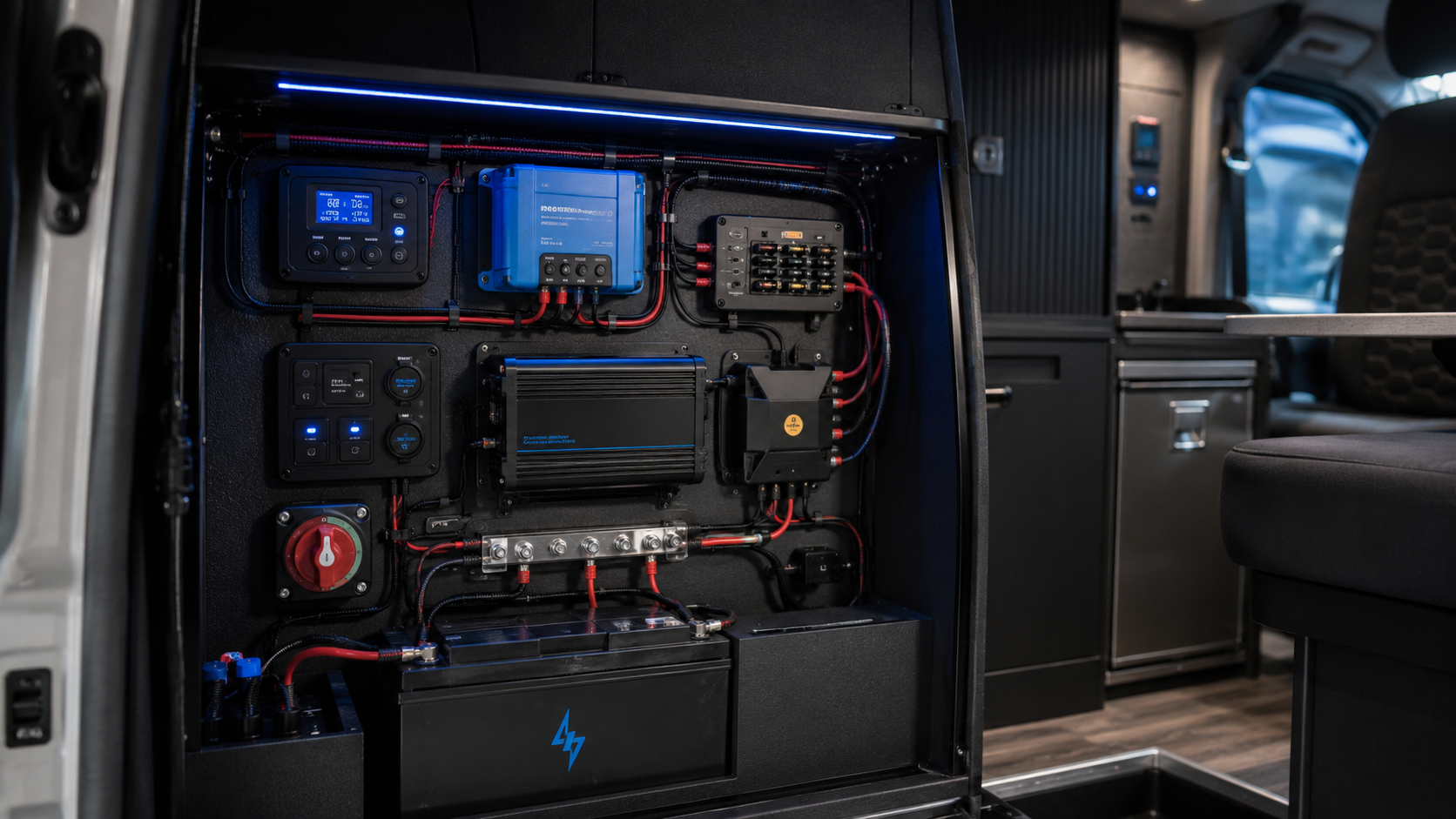 Campervan electrical setup with leisure battery, inverter, DC-DC charger and fuse box for a UK van conversion