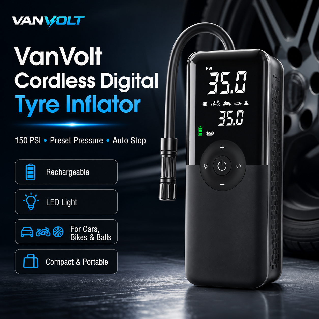 VanVolt AirGo cordless digital tyre inflator with 150 PSI pressure display
