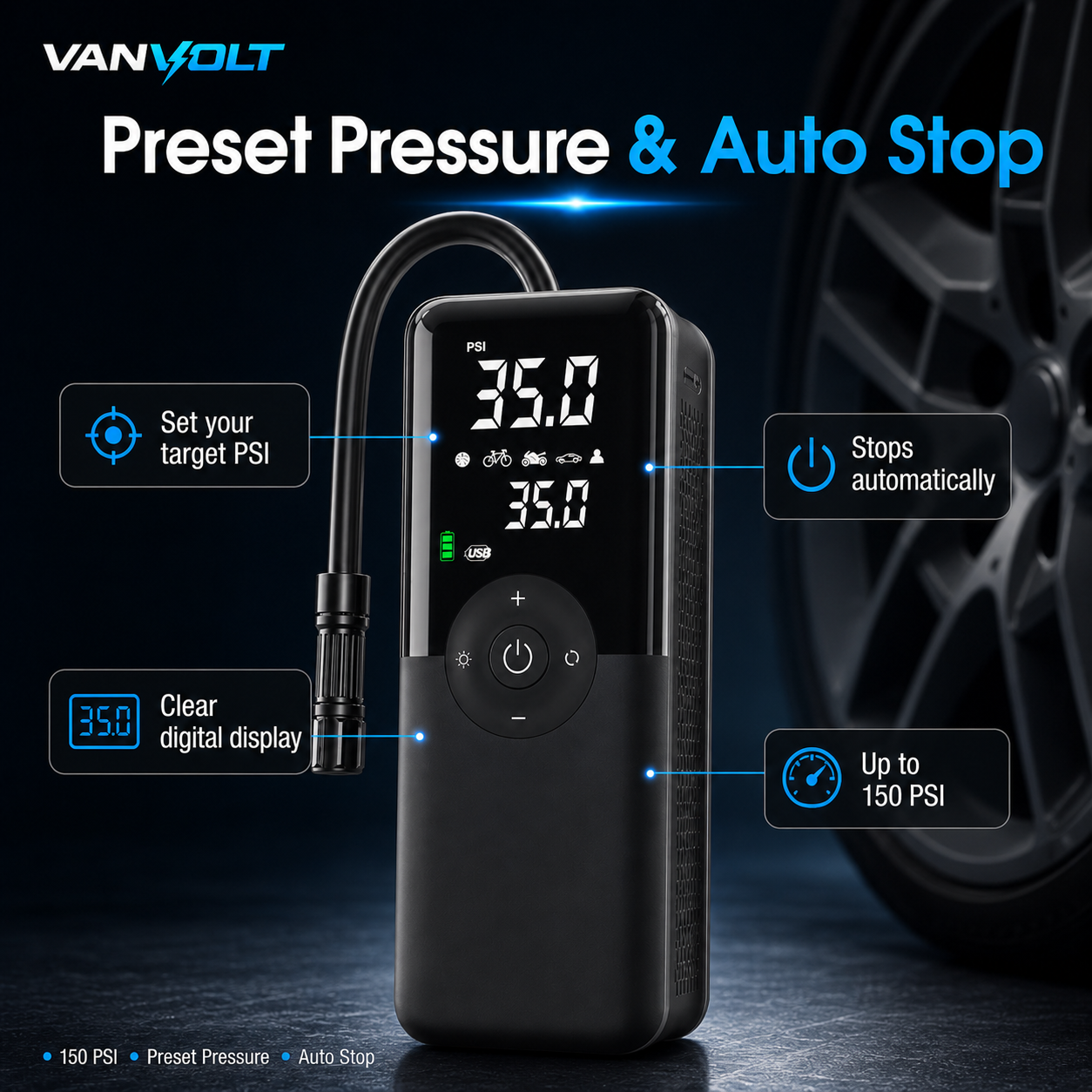 VanVolt AirGo preset pressure and auto stop digital tyre inflator feature
