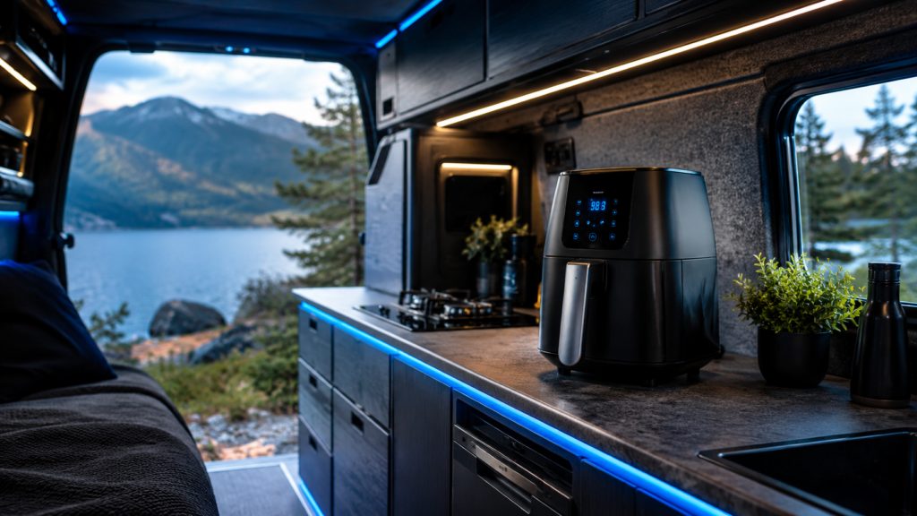 Campervan air fryer on a modern off-grid kitchen worktop with blue LED lighting and a lakeside view.