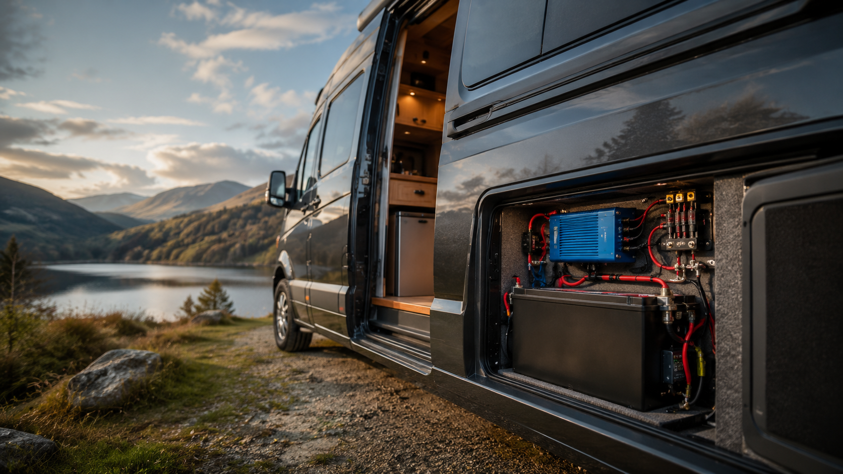 Modern UK campervan parked off-grid with a neat leisure-battery charging compartment visible.