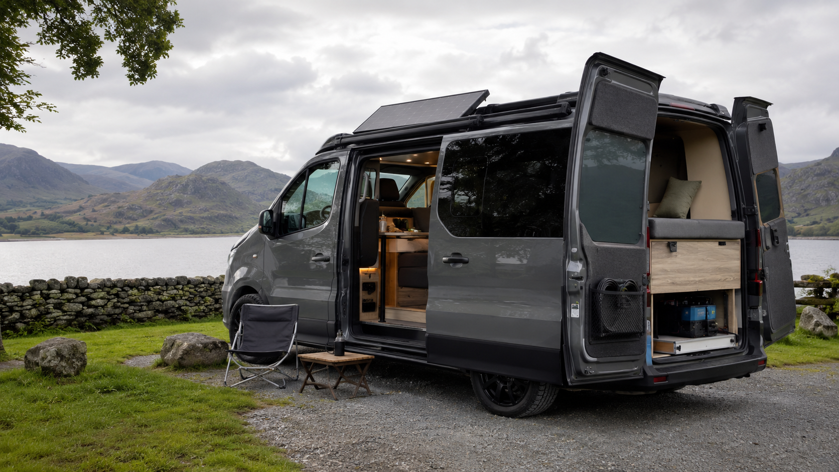 Modern campervan with roof solar parked beside a lake for an off-grid countryside break.
