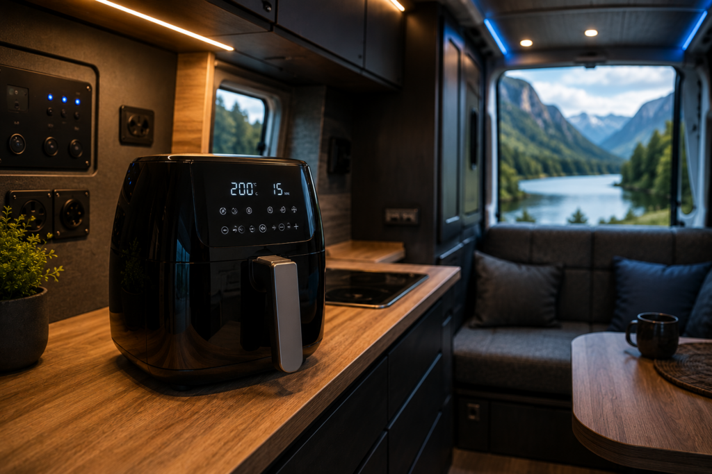 Campervan air fryer on a modern worktop inside a premium off-grid campervan conversion with blue electrical accents.