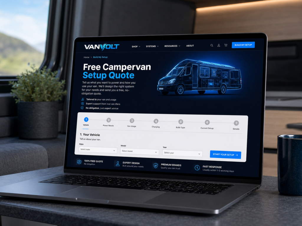 Campervan air fryer setup advice shown on the VanVolt Build My Setup page displayed on a laptop inside a modern campervan.