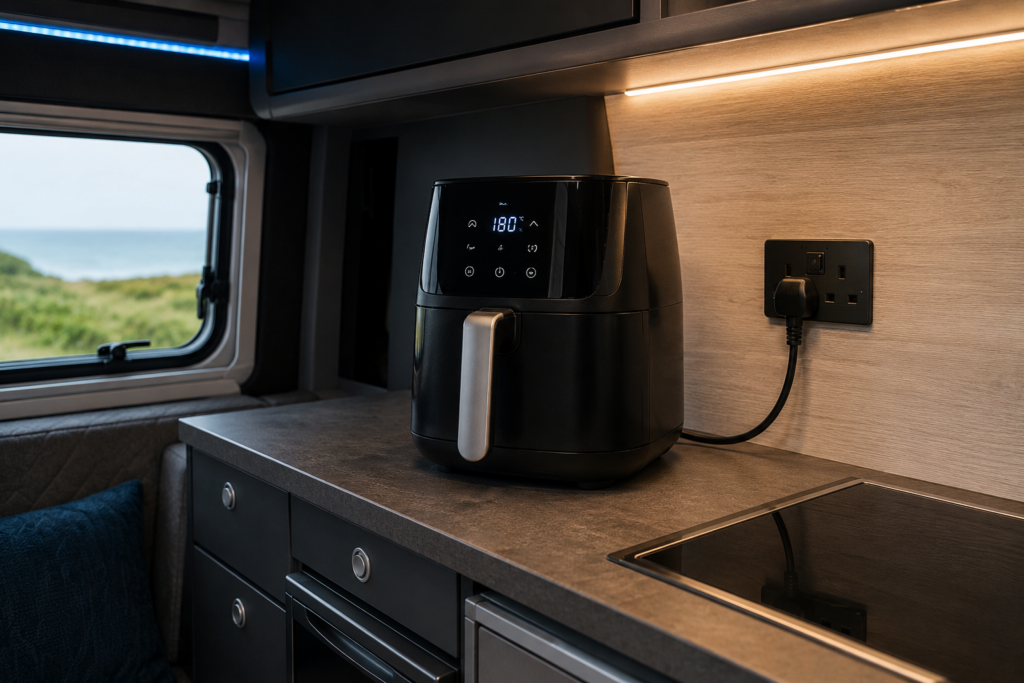 Campervan air fryer plugged into a 230V socket on a modern off-grid campervan kitchen worktop