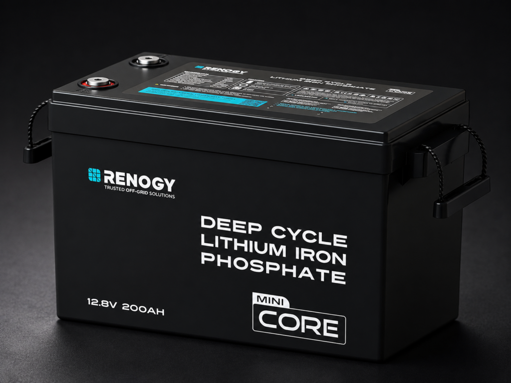 Renogy Core Mini 12.8V 200Ah lithium battery for a campervan air fryer electrical setup.