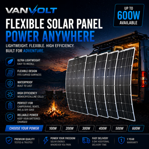 VanVolt flexible solar panels fitted to a campervan for lightweight off-grid battery charging.