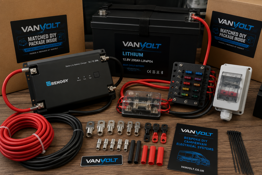 VanVolt campervan DC-DC charger package with lithium battery, cabling, fuse protection, lugs and labelled DIY electrical kit parts.