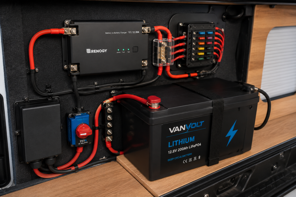 Campervan DC-DC charger system with lithium leisure battery, isolator, fuse protection and neatly routed red and black cabling.